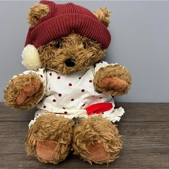 Teddy Bear in Patchwork Nightgown with Night Cap & Scarf Plush Vintage - Picture 1 of 3